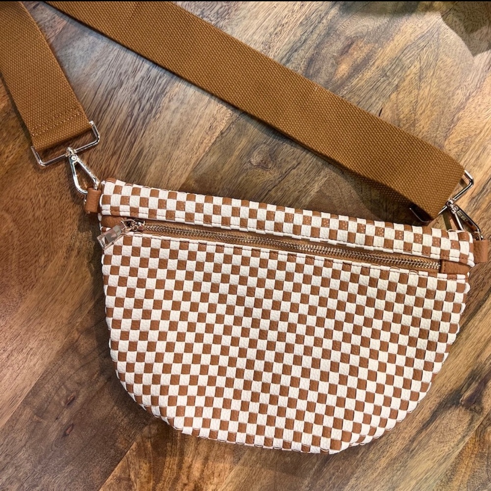 NEW Checkered Woven Bum Bag-Brown